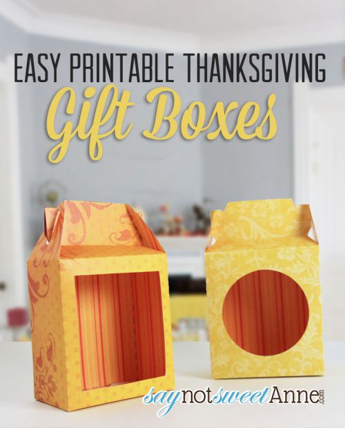 Easy and printable Thanksgiving or fall themed treat boxes! Print them on cardstock and cut on provided lines. | saynotsweetanne.com | #thanksgiving, #treat, #tutorial, #download