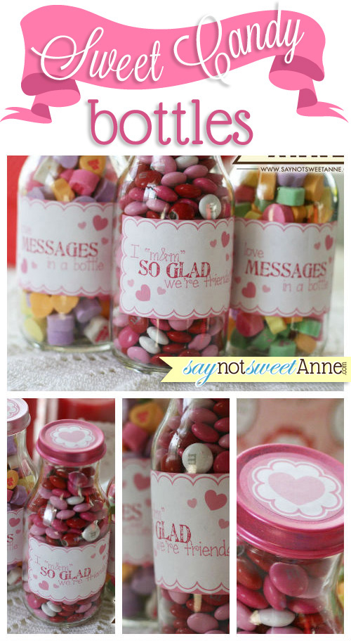 Sweet Candy Bottles - free printable labels for mason jars or re-used coffee bottles! | saynotsweetanne.com | #valentine #gifts #cute #candy #love