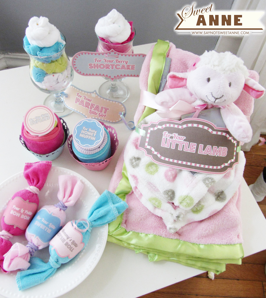 Baby gifts from Onsies and Washcloths Parfaits- Cupcakes-Candies