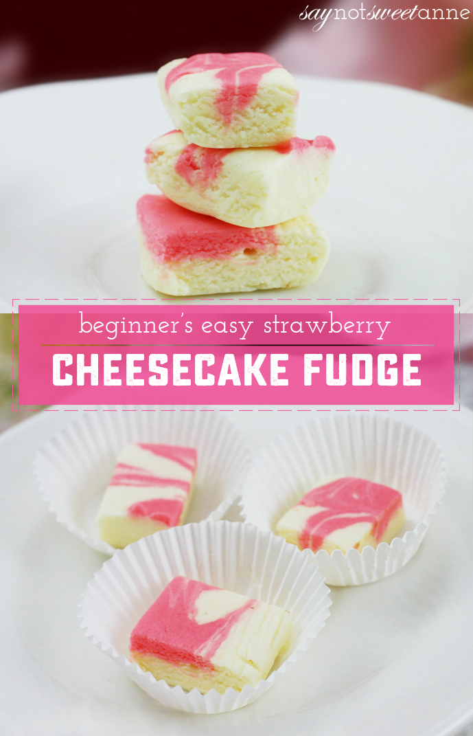 Easy and Almost Instant Strawberry Cheesecake Fudge! This recipe requires no candy thermometer, no boiling sugar, and has a rich creamy cheesecake flavor. | saynotsweetanne.com