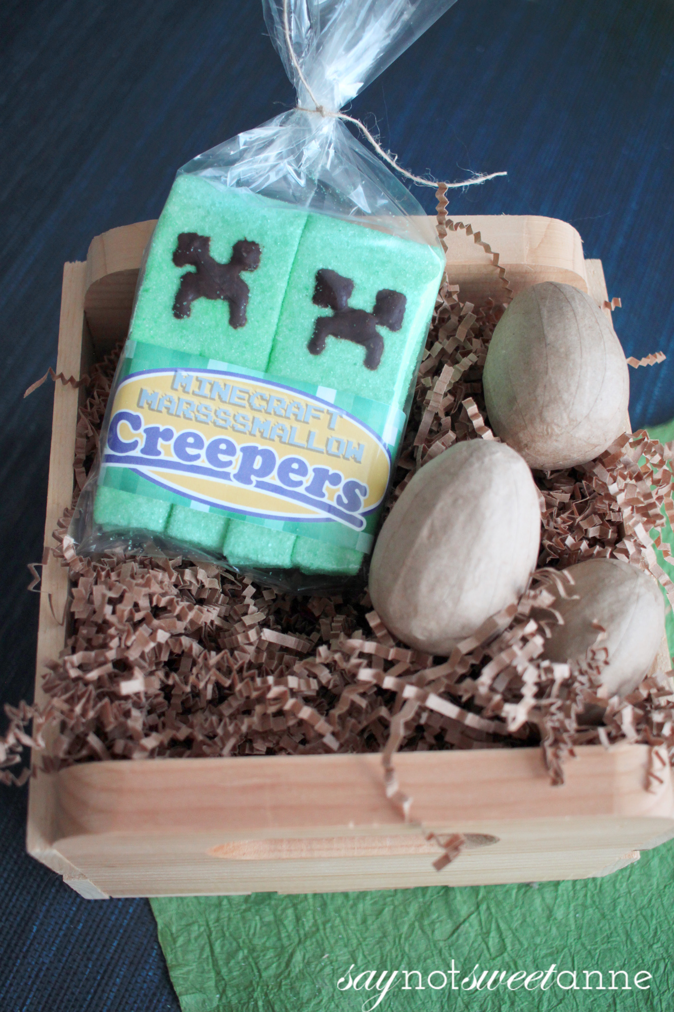 Unbelievable Minecraft Creeper Peeps! Marshmallow candies covered in green sugar are easy to make, especially with this step by step how to! These will be great for any Easter basket, or Minecraft birthday party, or even Halloween! | saynotsweetanne.com