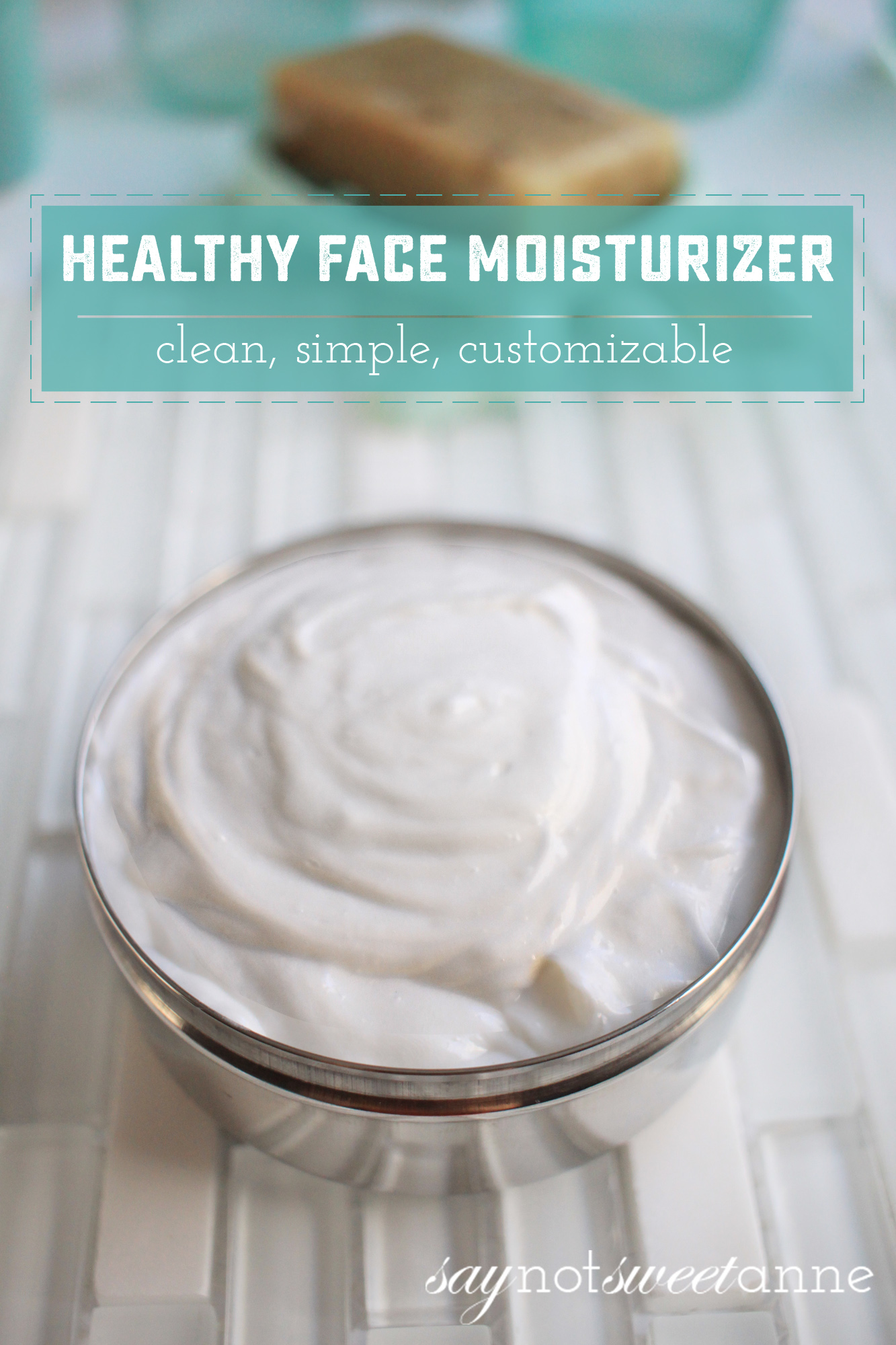 Home made all natural face moisturizer recipe. Simple and easy to find ingredients to make a customizable cream formula. Add essential oils, minerals, anything you’d like! Great for most skin types and easy enough for beginners. | saynotsweetanne.com