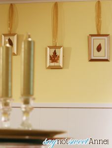 Frame Fallen Leaves in Dollar store Gold frames. Hang with Ribbon! | Saynotsweetanne.com | #thanksgiving #fall #decoration
