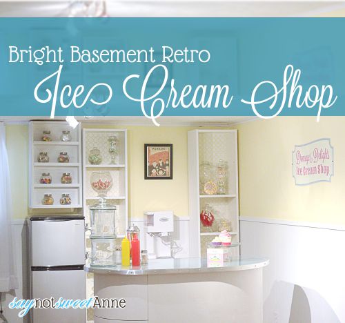 Bright Basement Ice Cream "Shop" - great kid friendly alternative to a bar! | Saynotsweetanne.com | #diy #icecream #bar #basement #retro