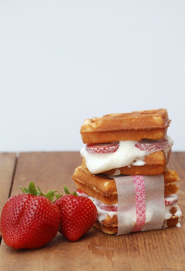 Make amazing strawberry shortcake waffle ice cream sandwiches by using boxed pound cake mix in your waffle maker!