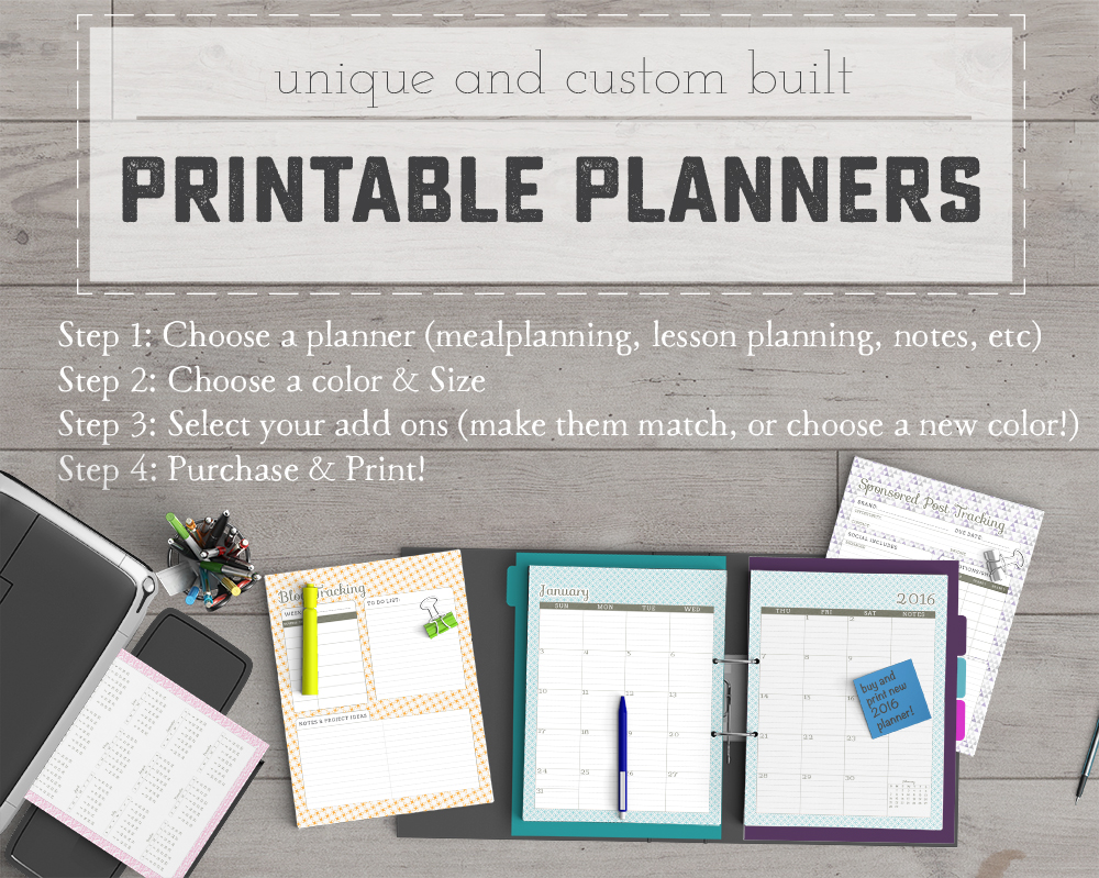 2016 Unique, Custom Built Printable Planners at saynotsweetanne.com! Meal Planning, Homework Tracking, Lesson planning, Fitness log and more - plus Add-Ons like Blog tracking and Sponsored Post tracking!