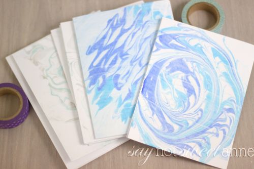 Easy DIY Marbled Paper! Make a lovely stationary set to give away - perfect for kids to make for teachers or Mom. | saynotsweetanne.com