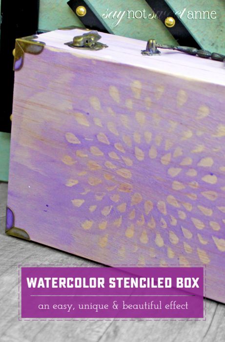 Easy DIY Watercolor Stenciled Box. Great way to dress up a boring craft store box, or add a wash of color to any wooden project! | Saynotsweetanne.com