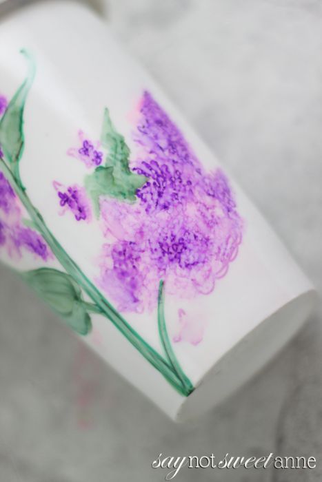 A Better Way to make a Sharpie Mug! More than just coloring a mug and baking it, this method creates a beautiful water color effect, allows you to erase while coloring and uses Dishwasher safe mod podge! | saynotsweetanne.com