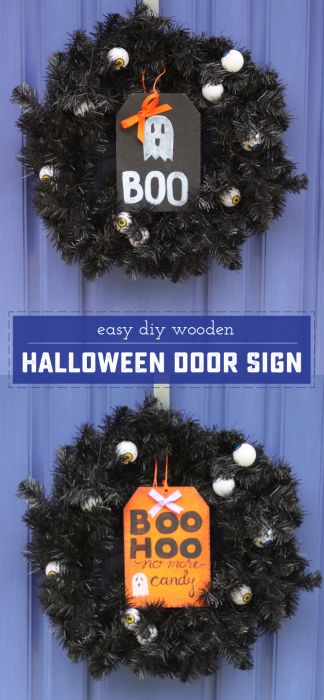 Easy DIY Wooden Halloween Door Sign! Perfect as a decoration for the season, but it can also be used to tell Trick-Or-Treaters there is no candy left! | saynotsweetanne.com