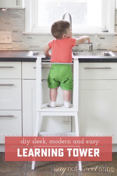 Easy DIY Learning tower! Start with an Ikea stool, add 7 dowels and 4 boards! Perfect height for little table helpers. | Saynotsweetanne.com