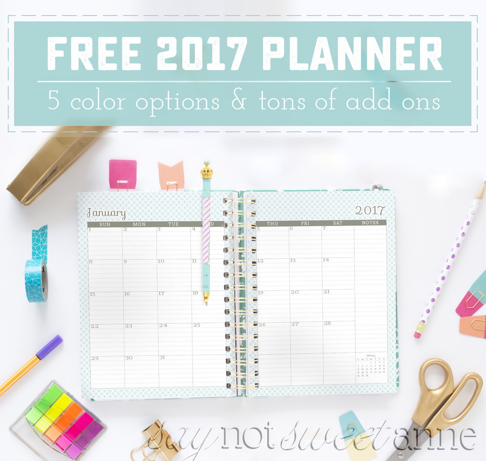 FREE Printable 2017 planner! This is one of the best free planners out there. All the dates are pre-filled, there is a full page year view, notes pages at the end of each month, and TONS of add ons to make it custom. Did I mention meal planning, fitness tracking, lesson planning and student planners are also available? | saynotsweetanne.com