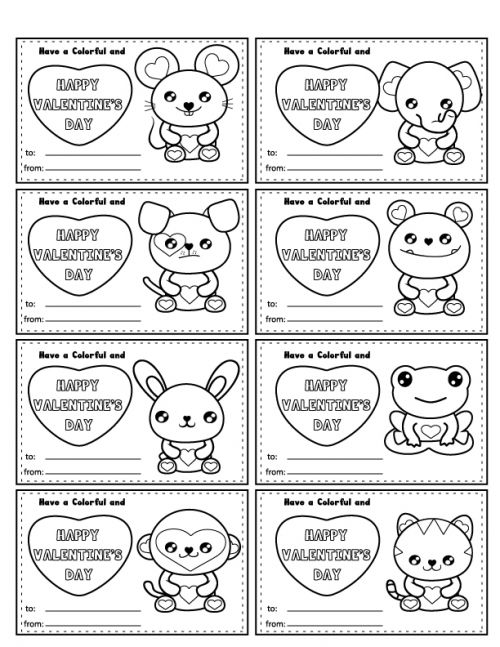 Free Printable Color-In Valentines! Have your little color them in, or give them with crayons as a candy-free Valentine activity! | Saynotsweetanne.com