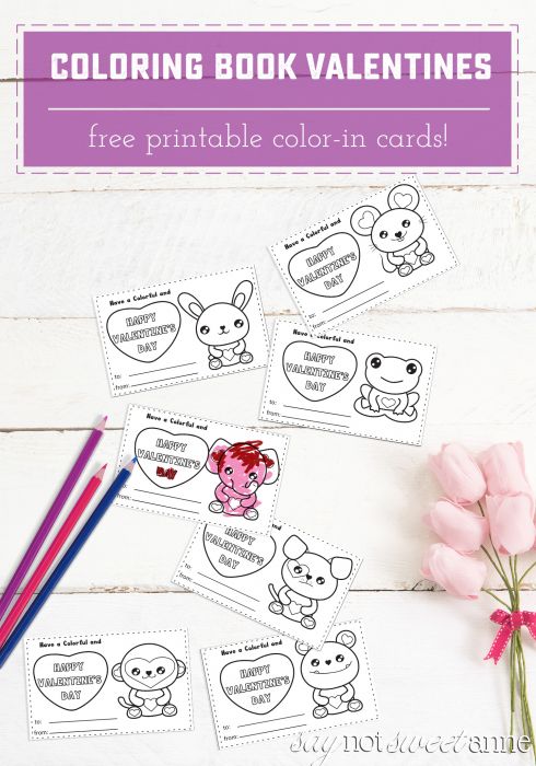 Free Printable Color-In Valentines! Have your little color them in, or give them with crayons as a candy-free Valentine activity! | Saynotsweetanne.com